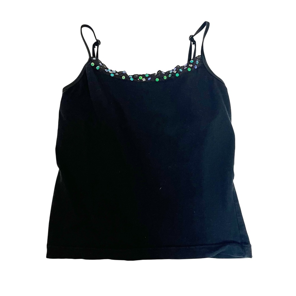 Vintage April Cornell Y2K Black Sequin Lace Trim Camisole Top Fairy Grunge SMALL